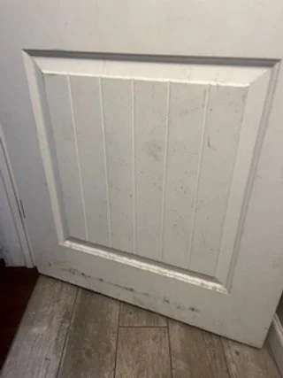 A white, stained door with a raised panel design, leaning against a wall on wooden flooring.