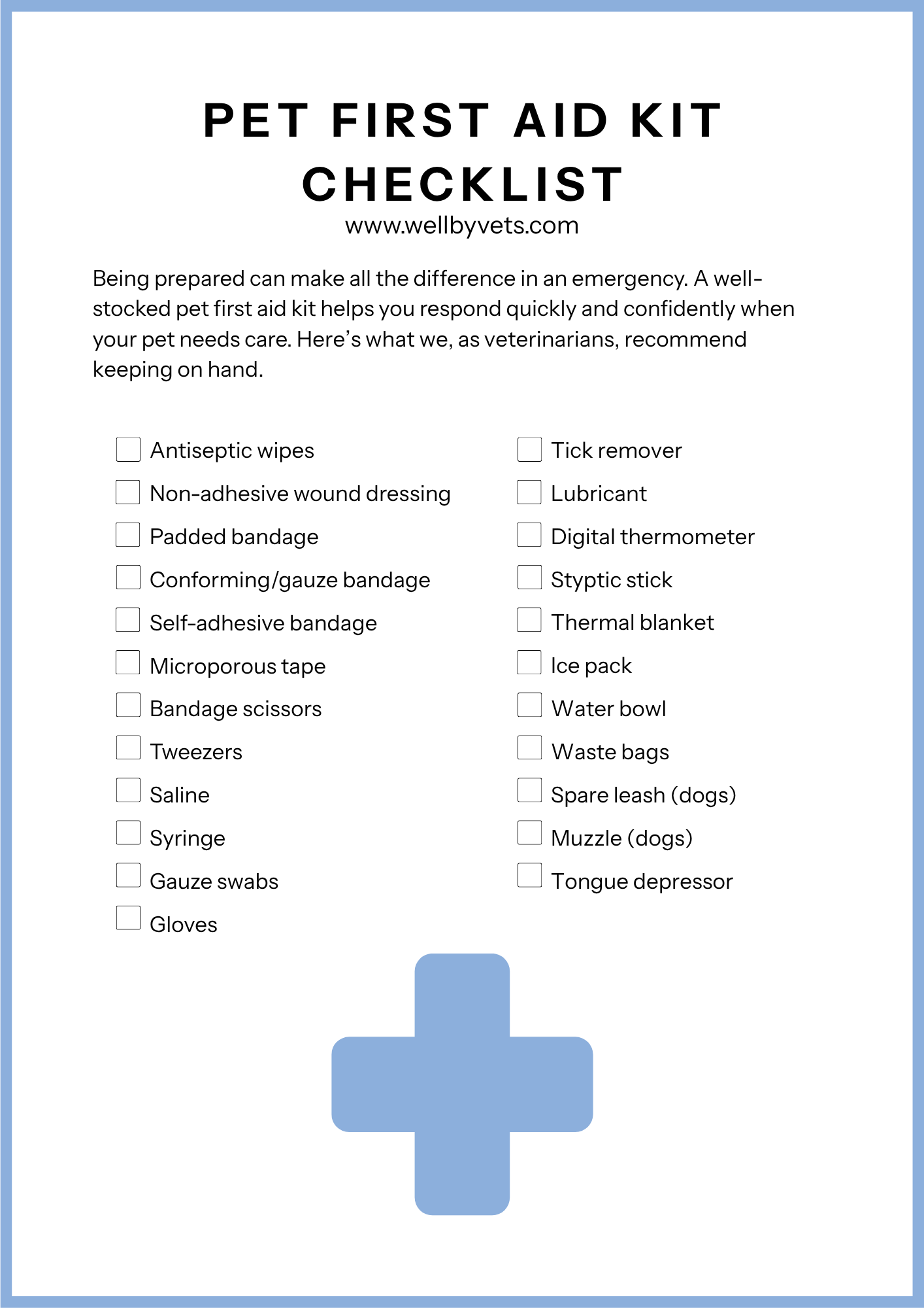 Well by Vets Pet First Aid Checklist showing list of essential first aid items for cats and dogs