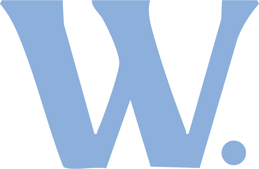 Large blue letter 'W' with a period