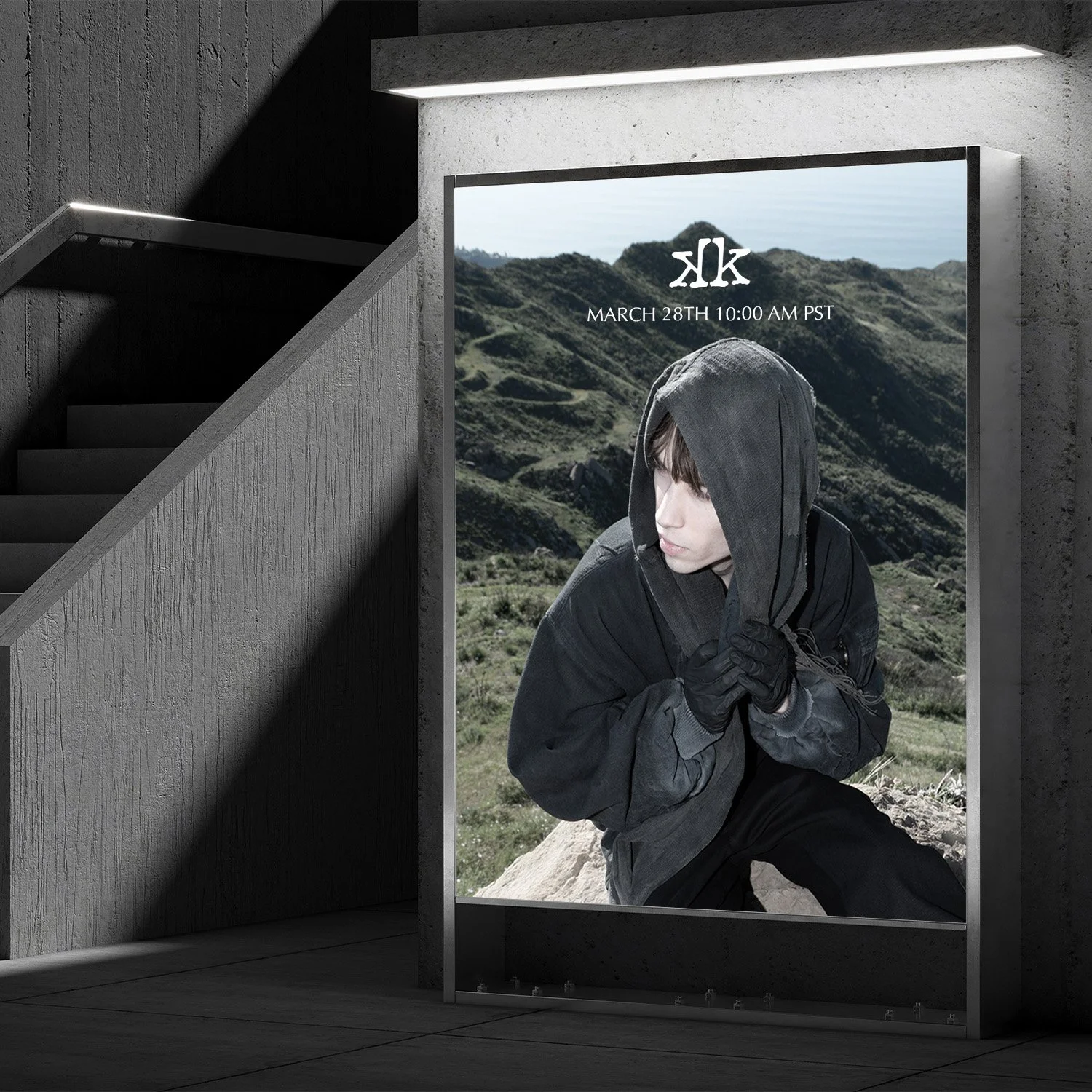 A black and white photo of a large billboard on a building under construction, featuring a model with dreadlocks, sunglasses, and fashionable clothing, with the word "BOSS" in bold letters at the bottom.