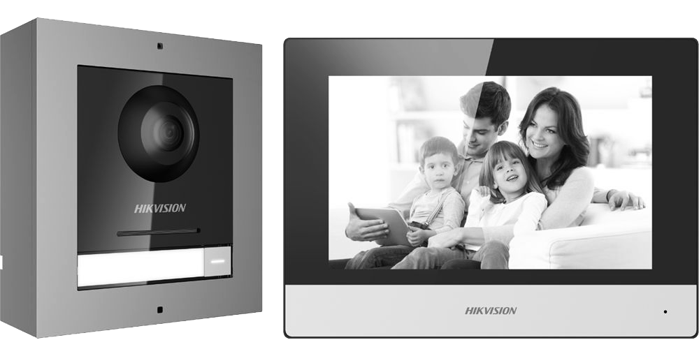 A Hikvision video intercom system with a camera unit on the left and a monitor on the right displaying a family of four sitting on a sofa, with a man, woman, and two children smiling.