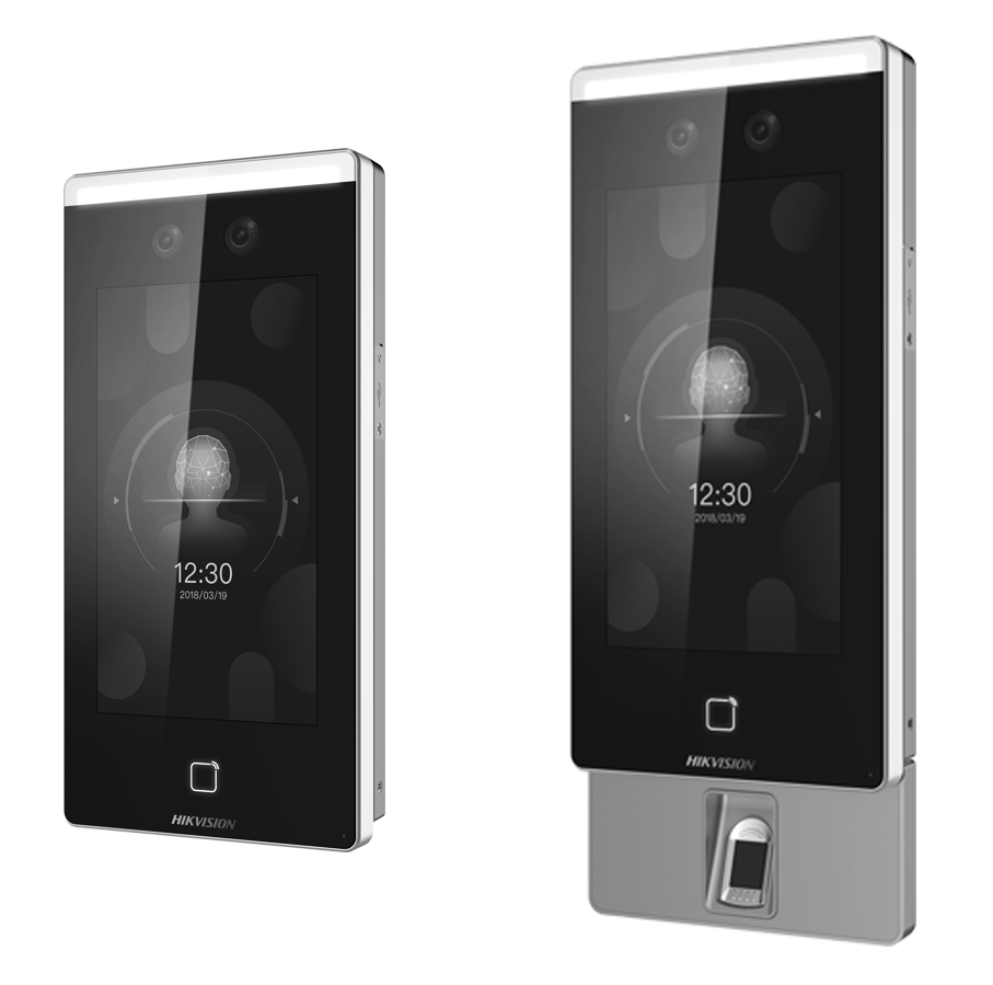 Two modern door intercoms with touchscreens and fingerprint scanners, branded 'Hikvision', set against a black background.