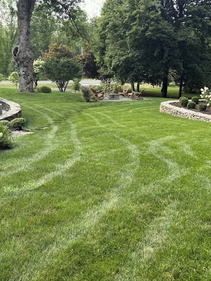 Well-maintained green lawn with lawn mower tire tracks, garden beds with shrubs on the sides, and a seating area with wooden chairs around a fire pit, trees in the background.