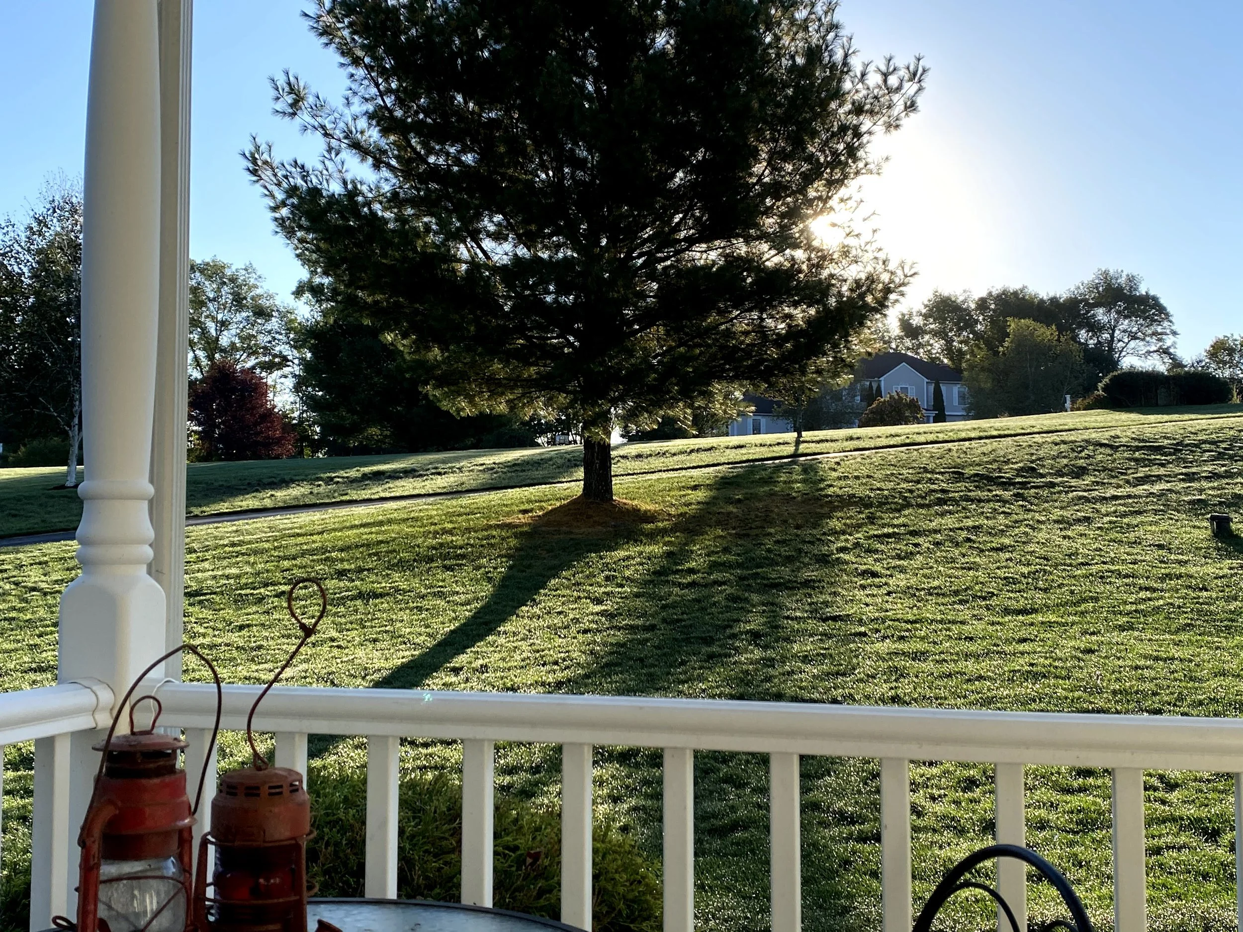 Sun shining through a large tree on a lush grassy lawn, with a white house in the background, seen from a porch with lanterns.