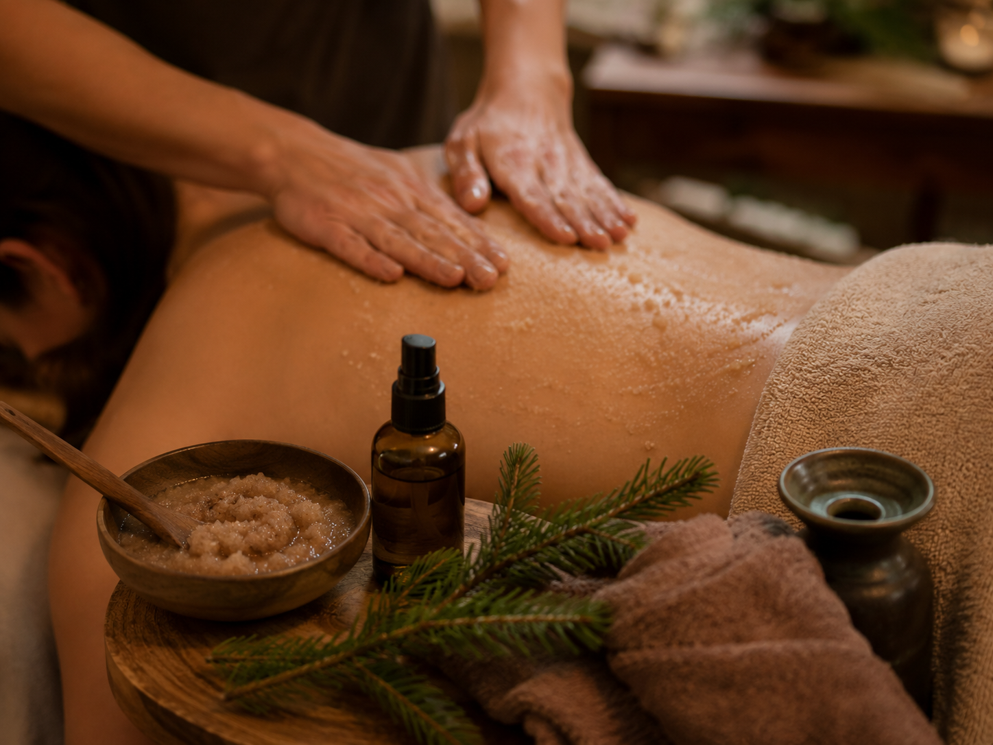 A person receiving a back massage with oil, using their hands to apply pressure on the person's back. A bowl of salt scrub, a spray bottle, a small ceramic dish, and a pine branch are on a wooden table.