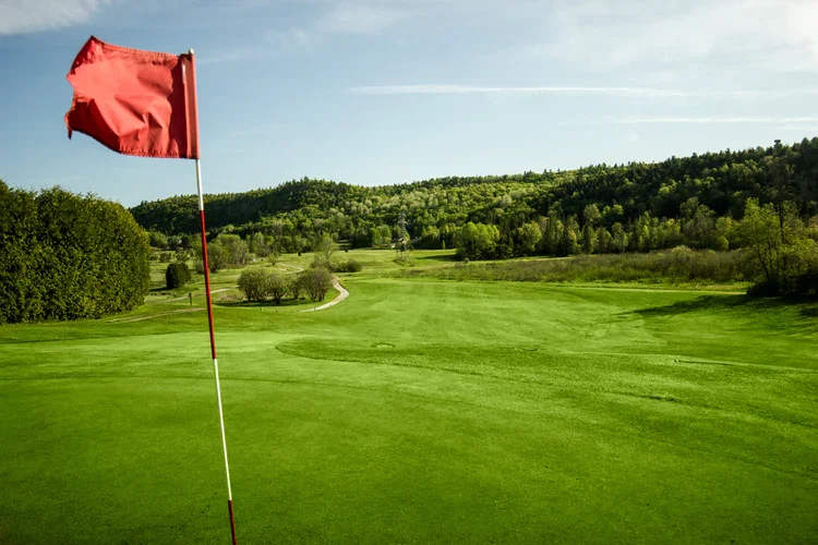 A golf course with a red flag on a green, surrounded by trees and rolling hills under a partly cloudy sky.