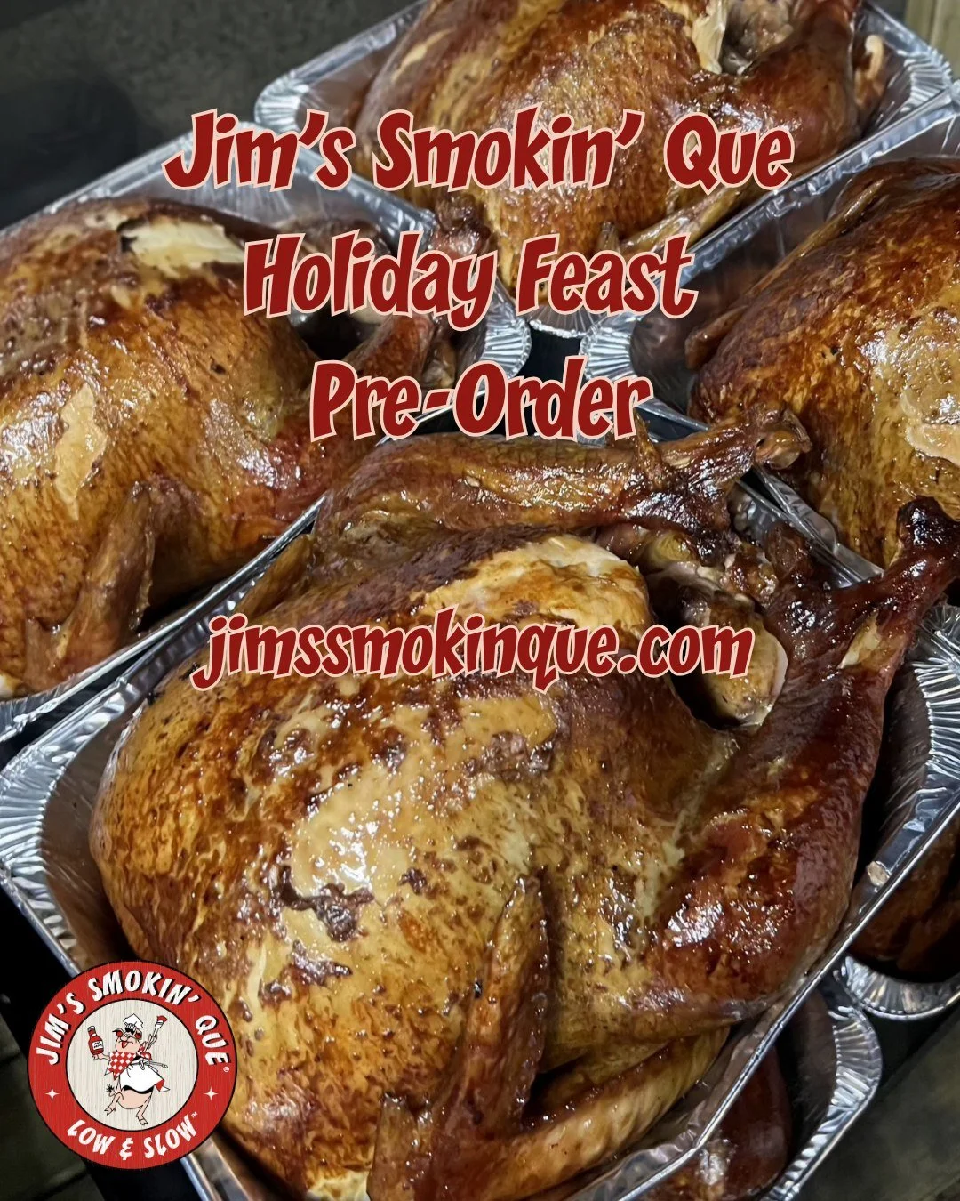 Time is running out to pre-order your Holiday Family Feast from Jim's Smokin' Que @jsqblairsville... Order the complete meal or pick and choose your meats and sides.

The Turkey Family Feast includes... 
Smoked Whole Turkey
1/2 Pan Sweet Potato Souff