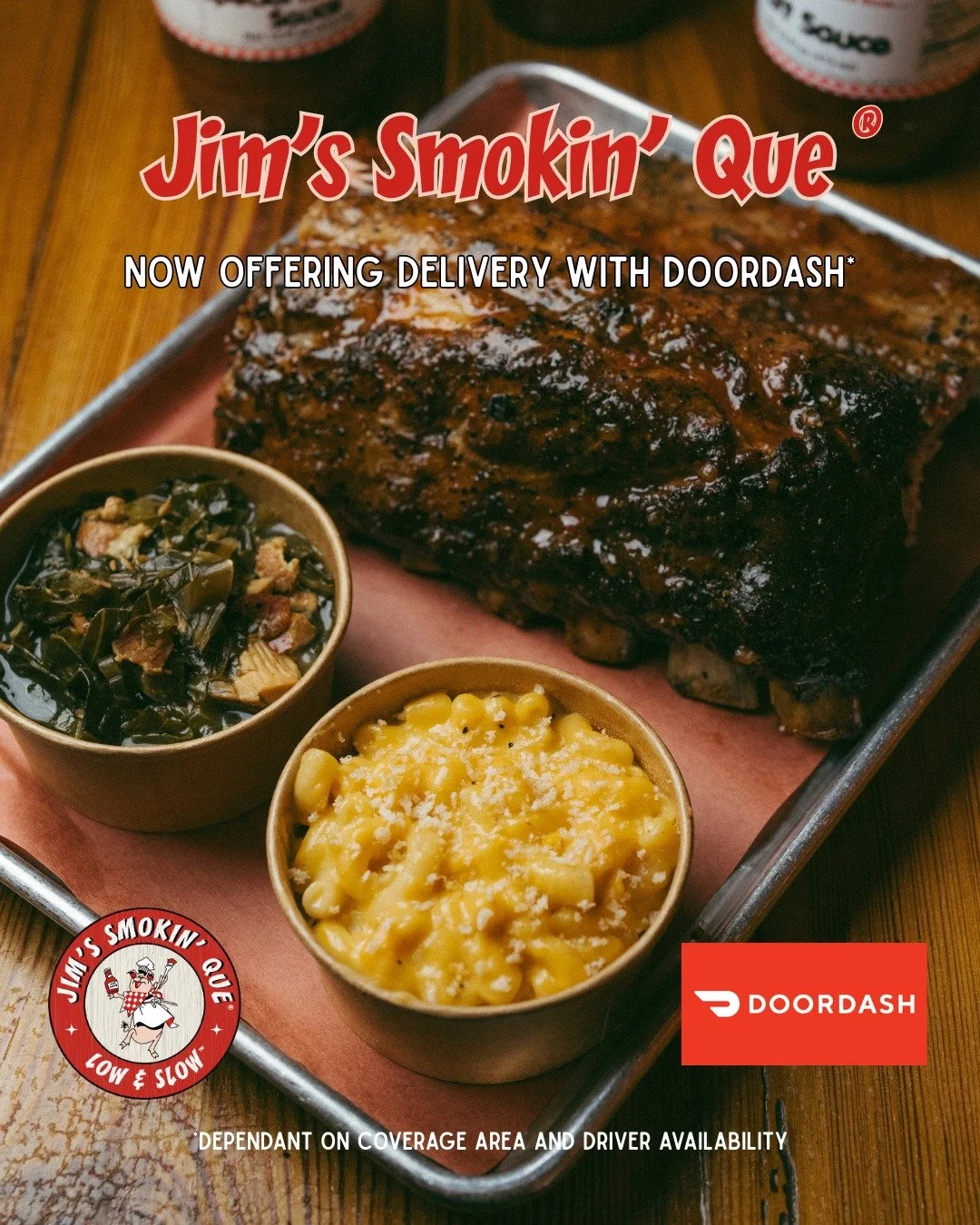 🚗💨 We bring the QUE to YOU!

Craving Jim's Smokin' Que&reg;  but don't feel like leaving the house? We&rsquo;ve got great news.

We are officially on DoorDash*

Get your favorite ribs, pulled pork, and sides delivered straight to your doorstep. Sta