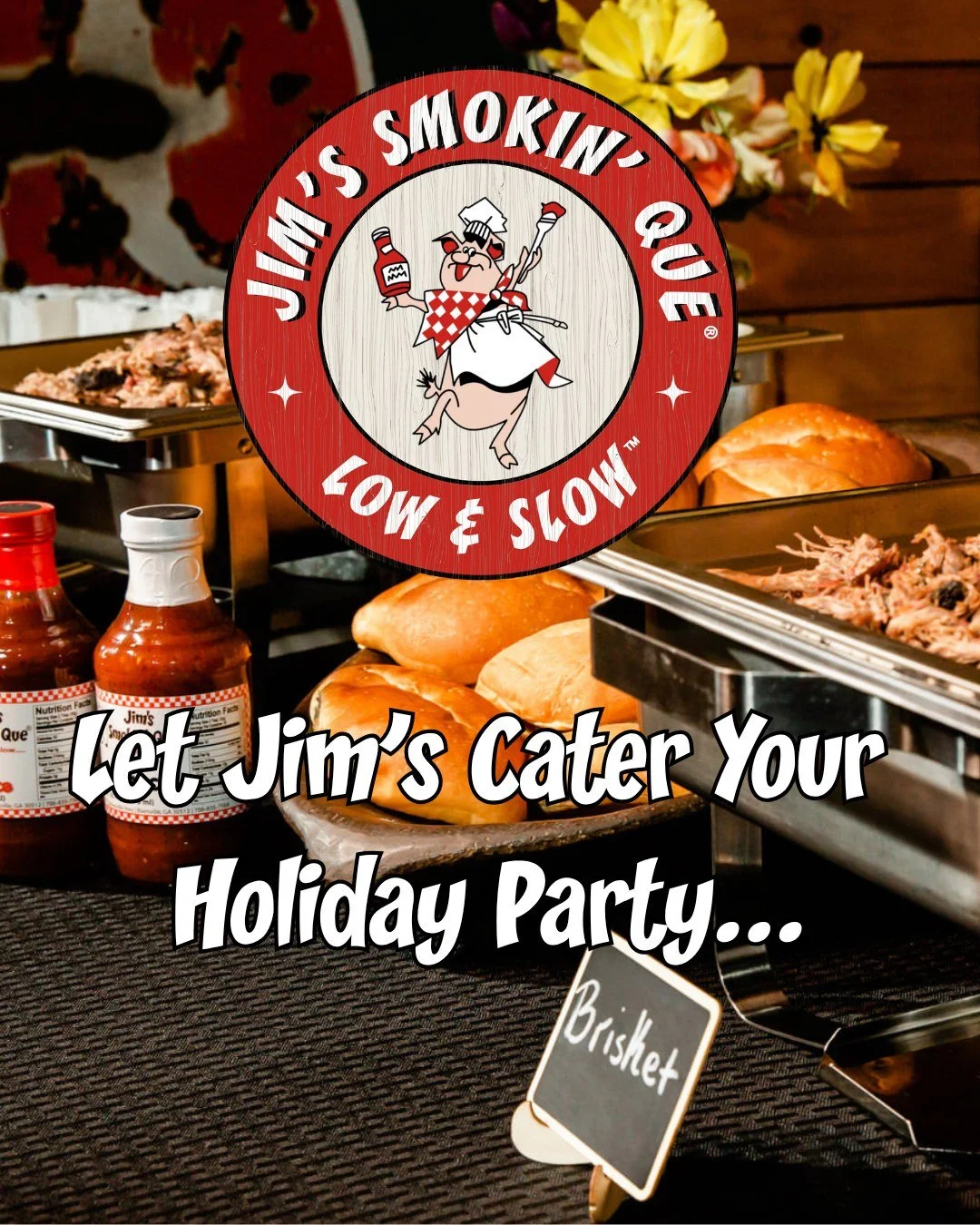 Focus on the celebrations, not the kitchen.

Planning your company's end-of-year holiday event just got a whole lot easier with Jim's Smokin' Que corporate catering.

We handle the low &amp; slow smoked meats, the scratch-made sides, and can even off