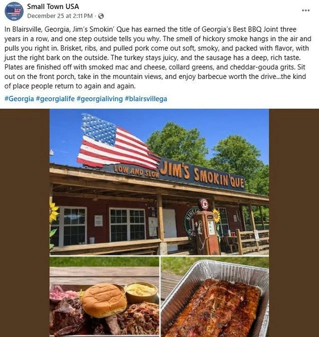 Thanks to "Small Town USA" on Facebook for the shout-out

In Blairsville, Georgia, Jim&rsquo;s Smokin&rsquo; Que has earned the title of Georgia&rsquo;s Best BBQ Joint three years in a row, and one step outside tells you why. The smell of h