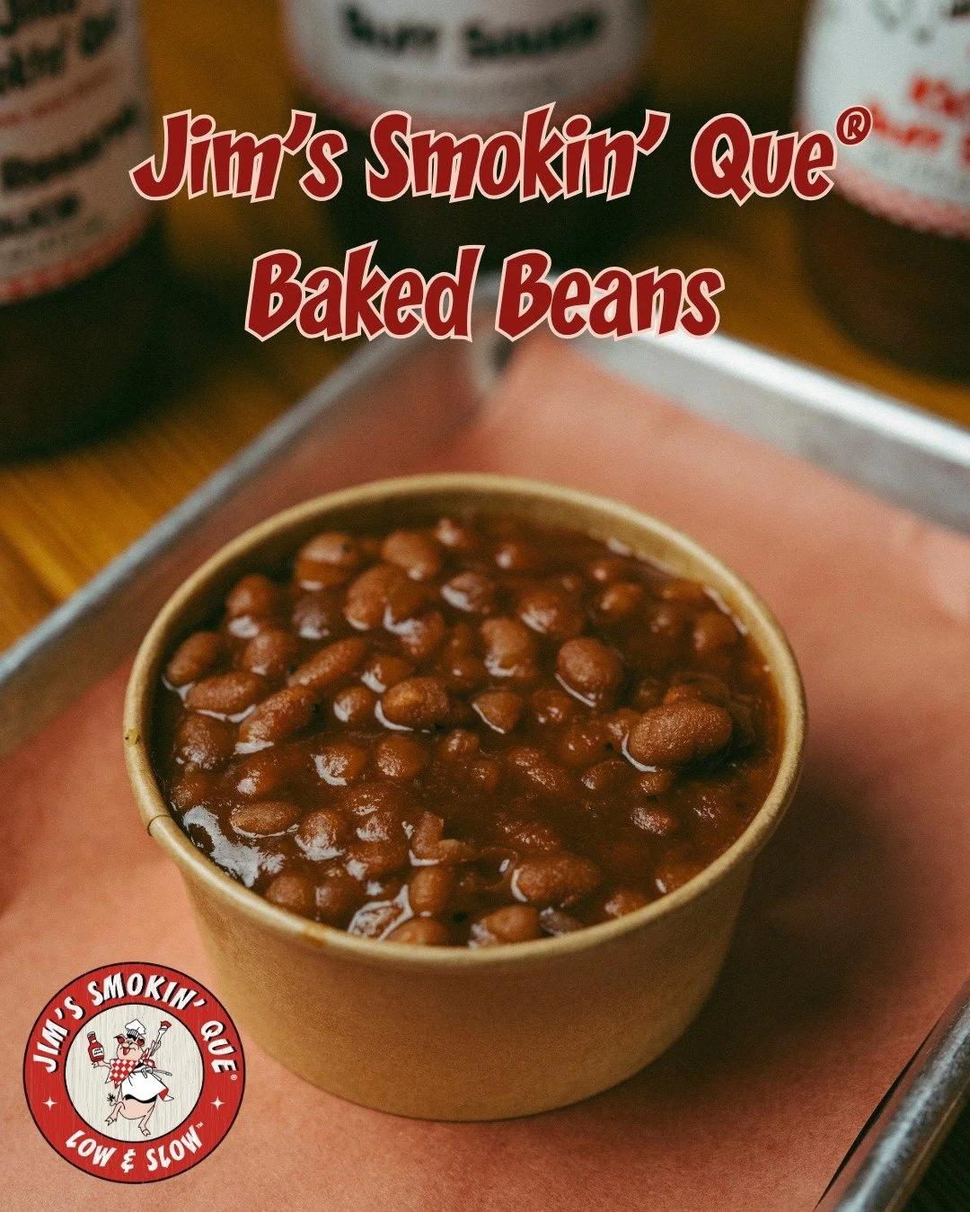 Baked Beans at Jim's Smokin' Que&reg;  are a must-try, known for their rich, smoky flavor. Slow-cooked to perfection, they absorb delicious spices, making them a standout side. Whether paired with ribs or a pulled pork sandwich, they add a comforting
