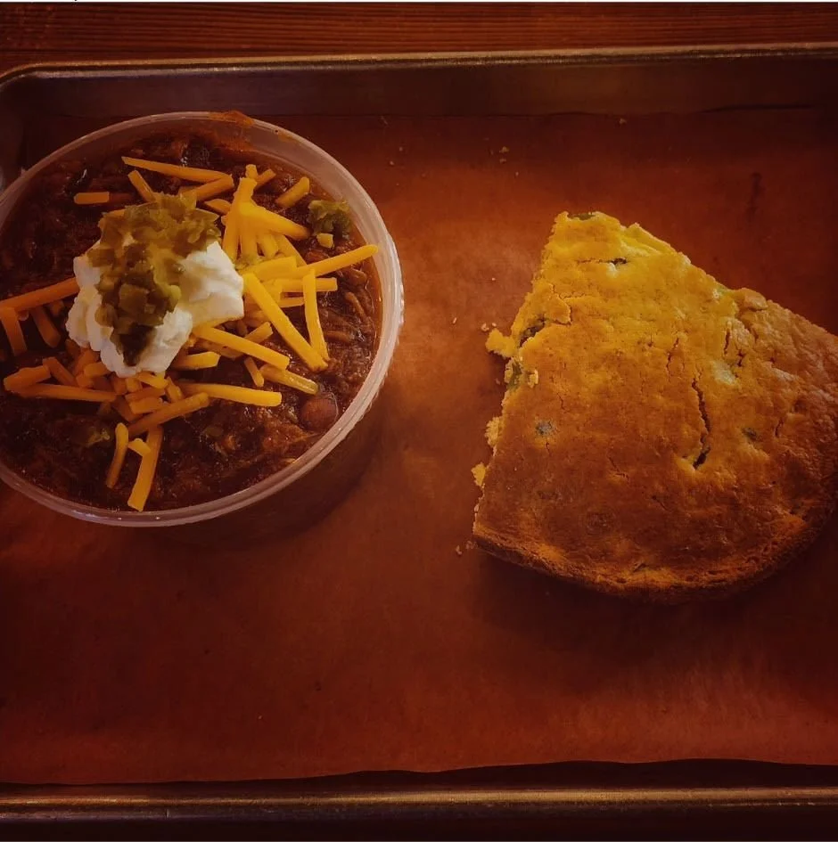 Brisket Chili with Cornbread is on the menu this week...

Come by and get a hearty bowl as a meal or a side.