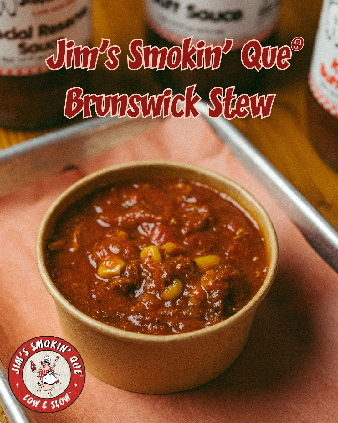 Jim's Smokin' Que&reg;  Brunswick Stew is a versatile, hearty dish that can be enjoyed as a side or light bite. Packed with rich flavors, it's perfect for comforting meals or as a flavorful complement to your main course. Its smoky aroma and savory i