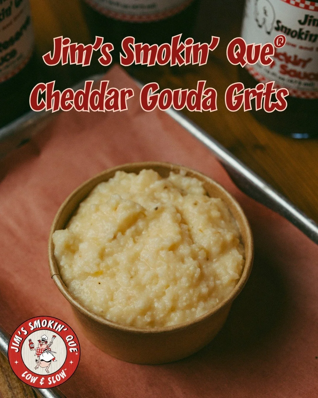 Jim's Smokin' Que&reg;  Cheddar Gouda Grits make for an unforgettable side dish. This creamy blend of cheddar and gouda cheeses infuses each bite with a rich, savory flavor that perfectly complements the smoky essence of Jim's barbecue specialties. T