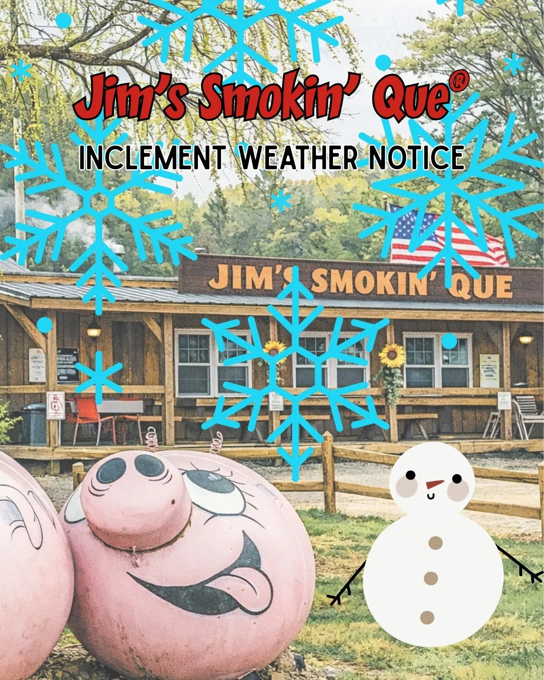 ❄️ IMPORTANT WEATHER UPDATE ❄️

Due to the inclement weather forecasted for our area, Jim&rsquo;s Smokin&rsquo; Que&reg;  will be closed tomorrow... Saturday 31st 2026

The safety of our hardworking crew and our amazing patrons is always our top prio