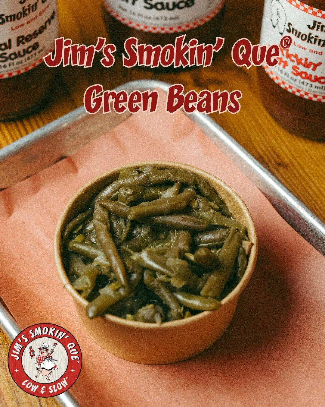 Jim's Smokin' Que&reg;  Green Beans offer a delicious addition to any meal. These beans are skillfully cooked, featuring a gentle smokiness that enhances their natural taste. Seasoned with a blend of spices, they accentuate the beans' freshness and t