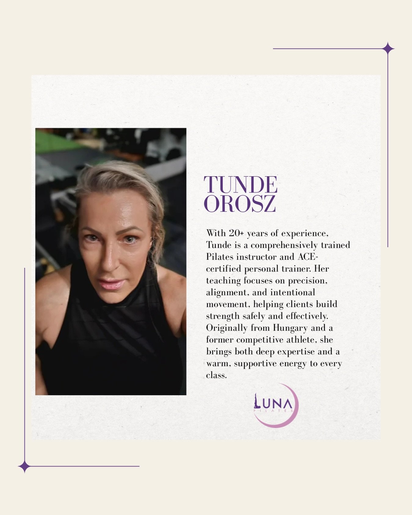 Meet your new Pilates instructor at Luna ✨

We&rsquo;re so excited to welcome Tunde to the Luna Pilates team. With over 20 years of experience, she is a comprehensively trained Pilates instructor and ACE-certified personal trainer specializing in ali