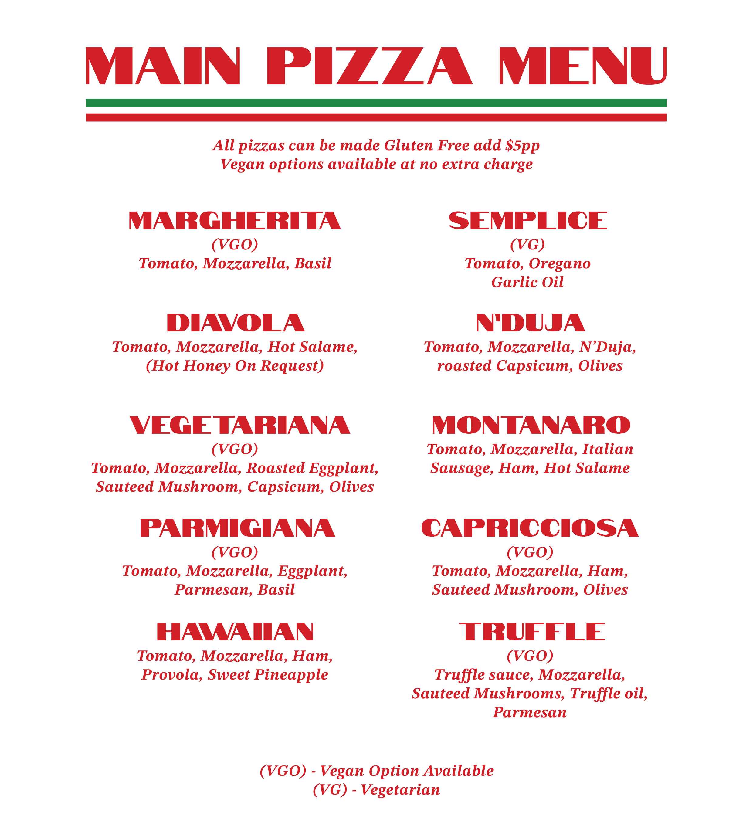 Black menu board displaying assorted pizza options with names, ingredients, and dietary labels including vegetarian and vegan options.