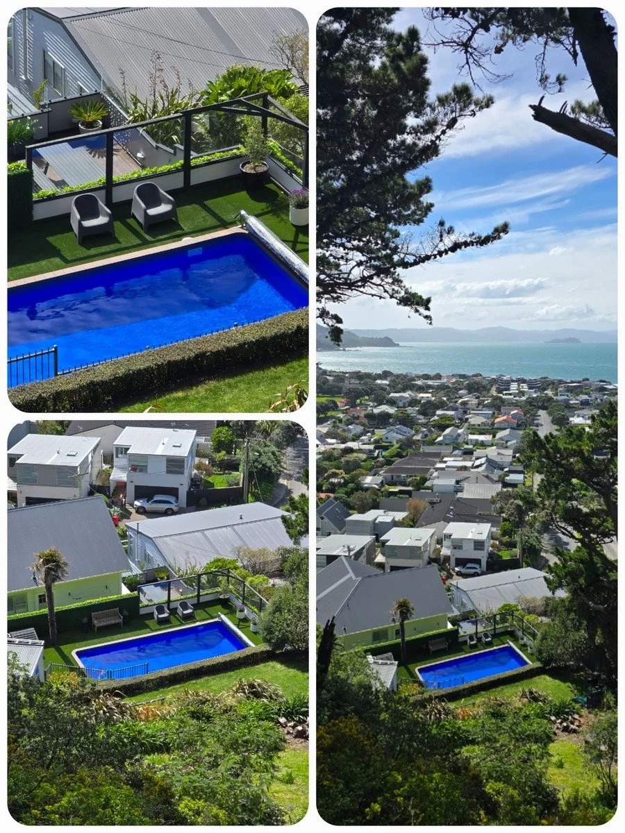Collage of an artificial turf install in Seatoun Wellington around a pool with an amazing view of the habour and beach