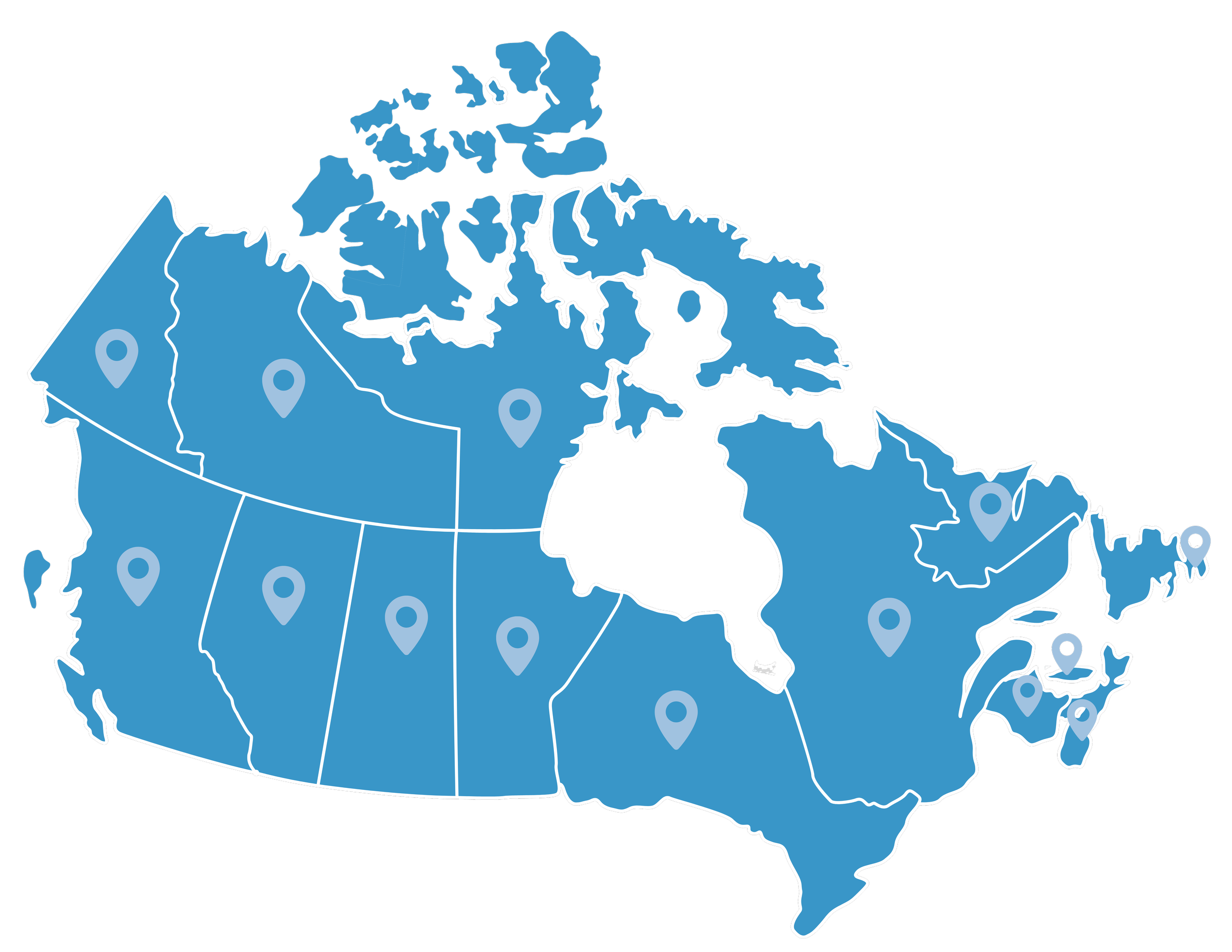 Map of Canada with blue-colored province outlines and location markers.