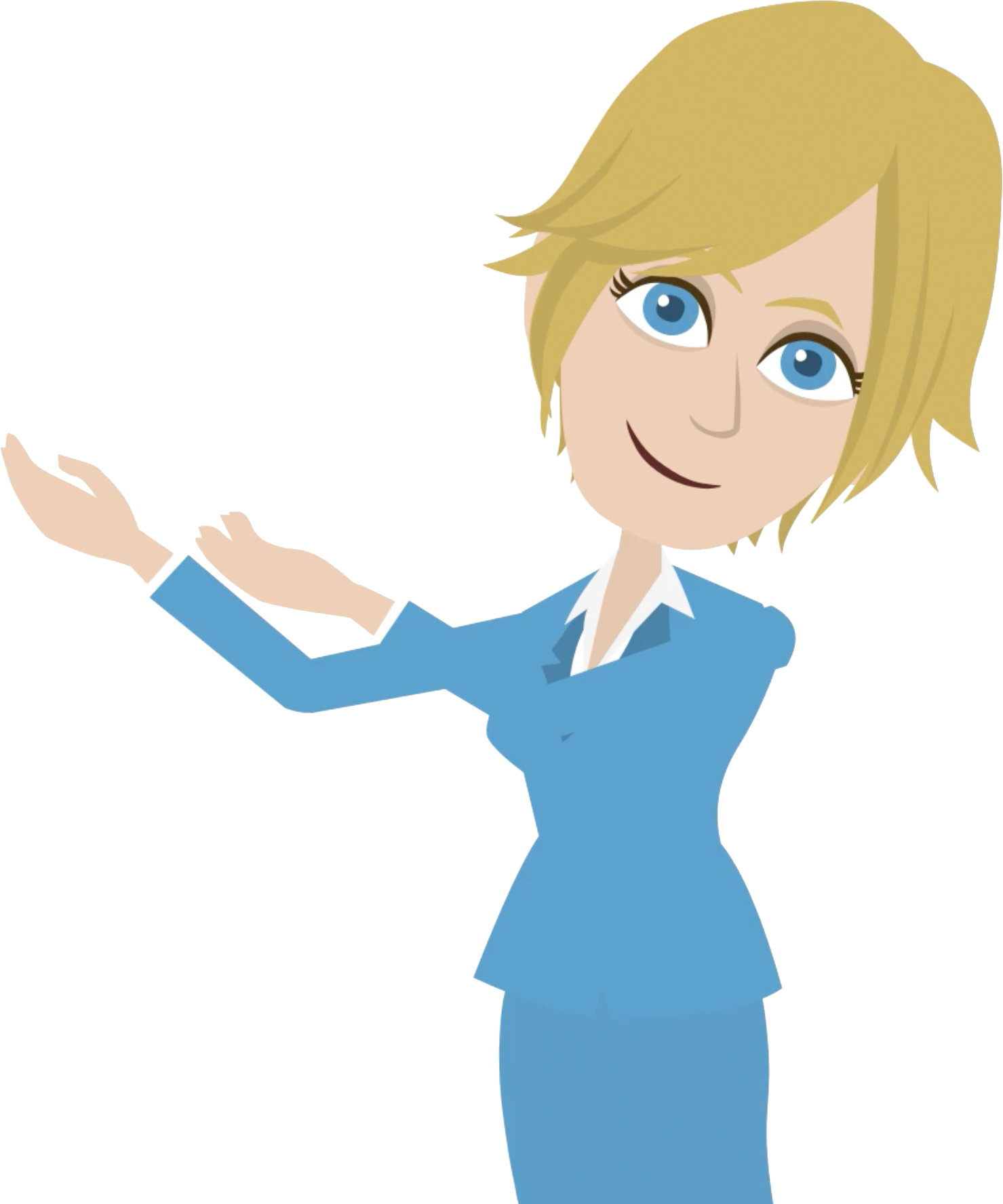 A cartoon woman with blonde hair, blue eyes, wearing a blue blazer, holding or presenting an empty blackboard in her right hand, smiling and looking at the viewer.