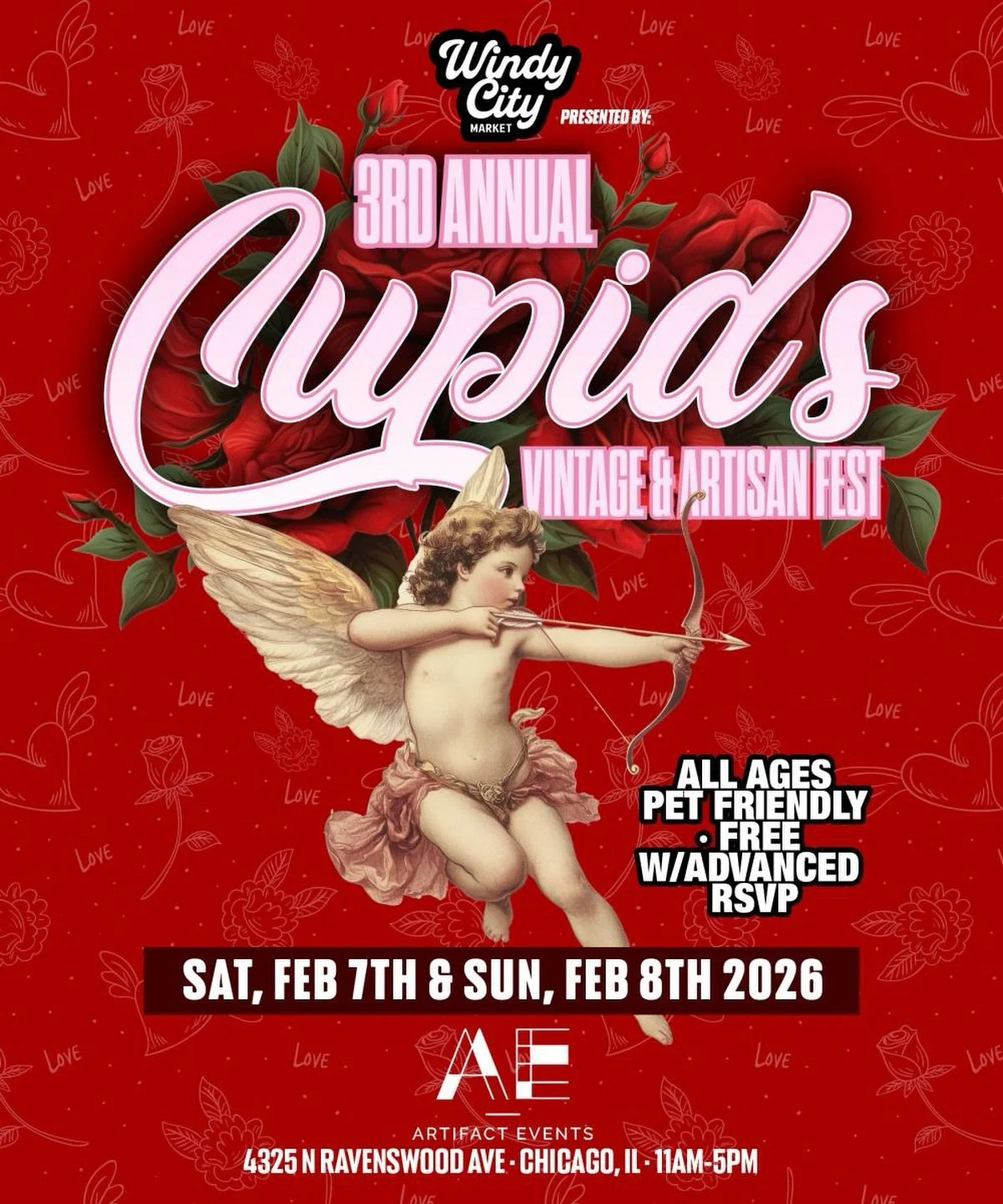 First show of 2026! Join us Feb. 7-8 at the @windycitymarket Cupids Vintage &amp; Artisan Market in Ravenswood at @artifacteventschicago, where we&rsquo;ll have a wide array of new and used vinyl on hand. Come find the perfect Valentine&rsquo;s Day g