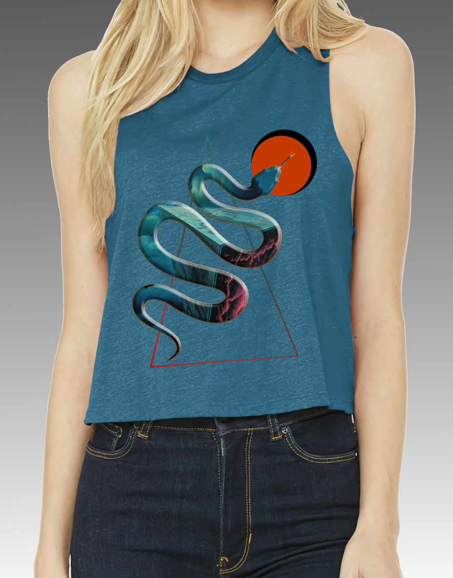 Cosmic Snake Variant #3 (1980's Glitter Edition) Heather Deep Teal Women's Racerback cropped Tank Top