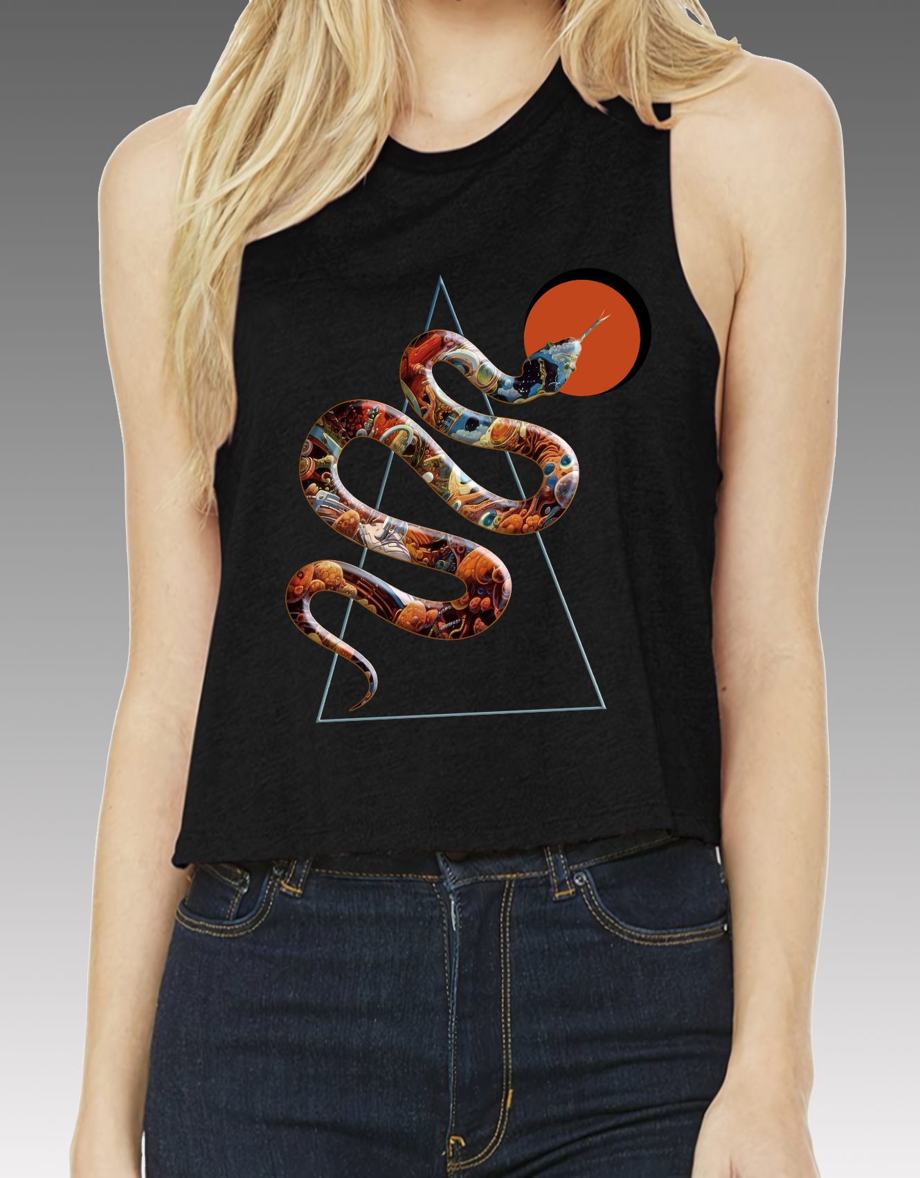 Cosmic Snake Variant #1 (1980's Glitter Edition) Solid Black Women's Racerback Cropped Tank Top
