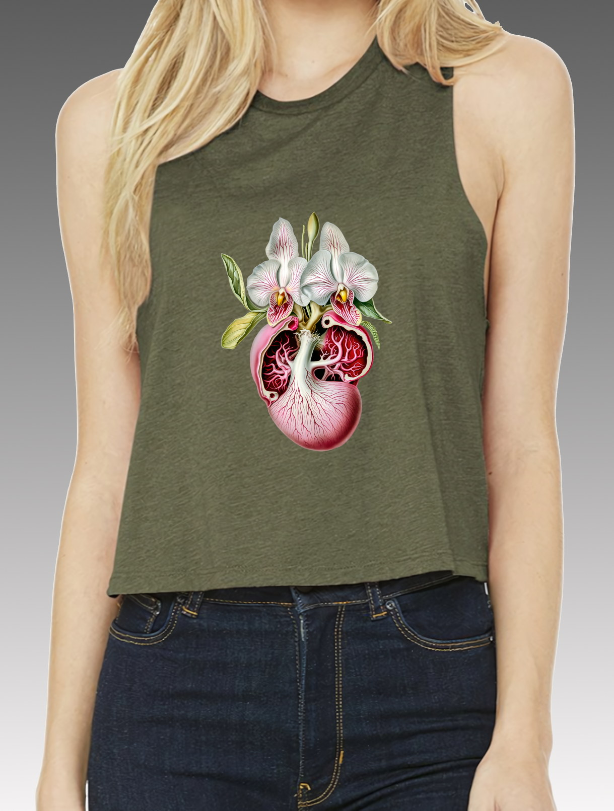 Orchid Heart (1980's Glitter Edition) Olive Green Women's Racerback Cropped Tank