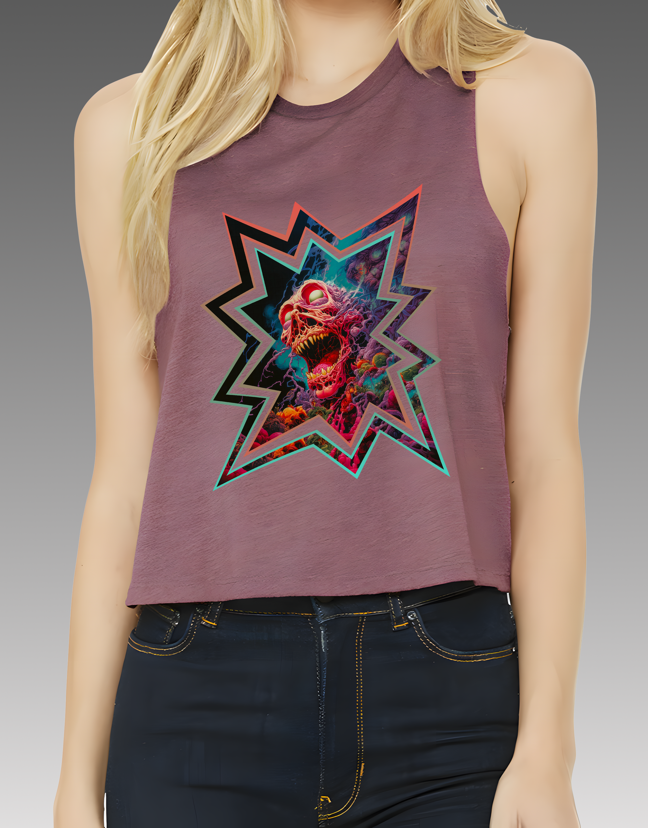 Saturday Morning Cartoon Ghoul (1980's Glitter Edition) Mauve Women's Racerback Cropped Tank