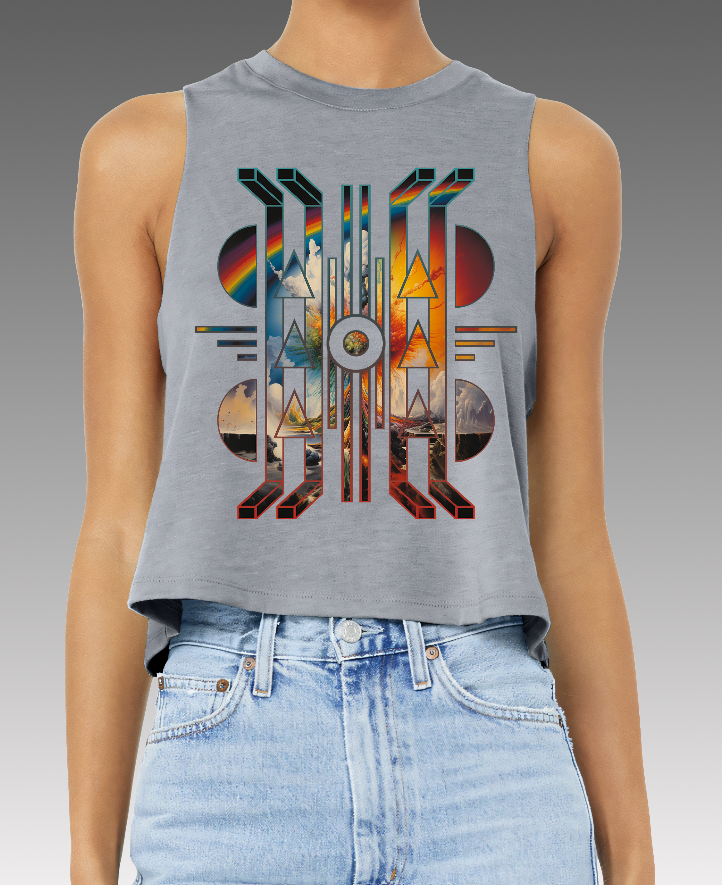 Dark Rainbow (1980's Glitter Edition) Heather Grey Women's Racerback Cropped Tank