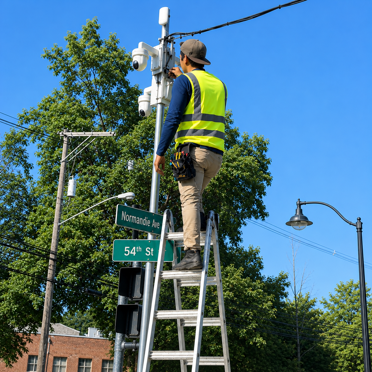 A worker on a ladder installing or repairing traffic or surveillance cameras on a street corner signpost.