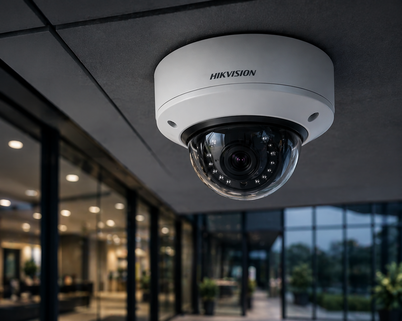 Security camera mounted on ceiling outside building with glass walls.