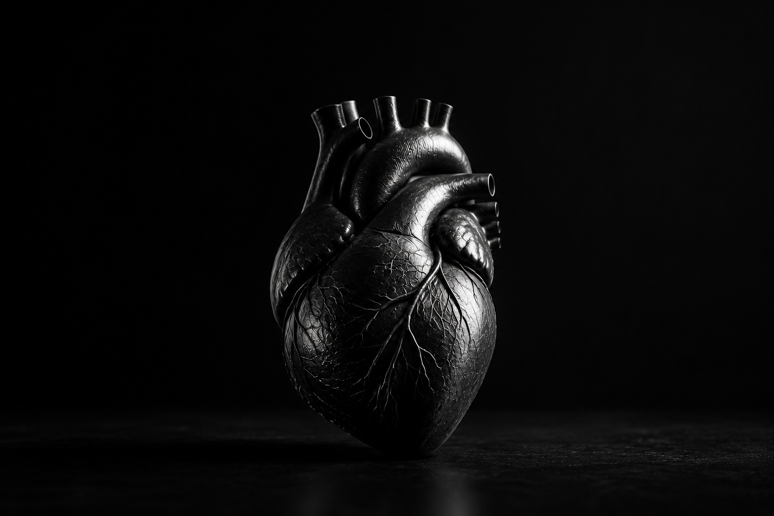 Black and white photograph of a realistic human heart model on a dark surface with a black background.
