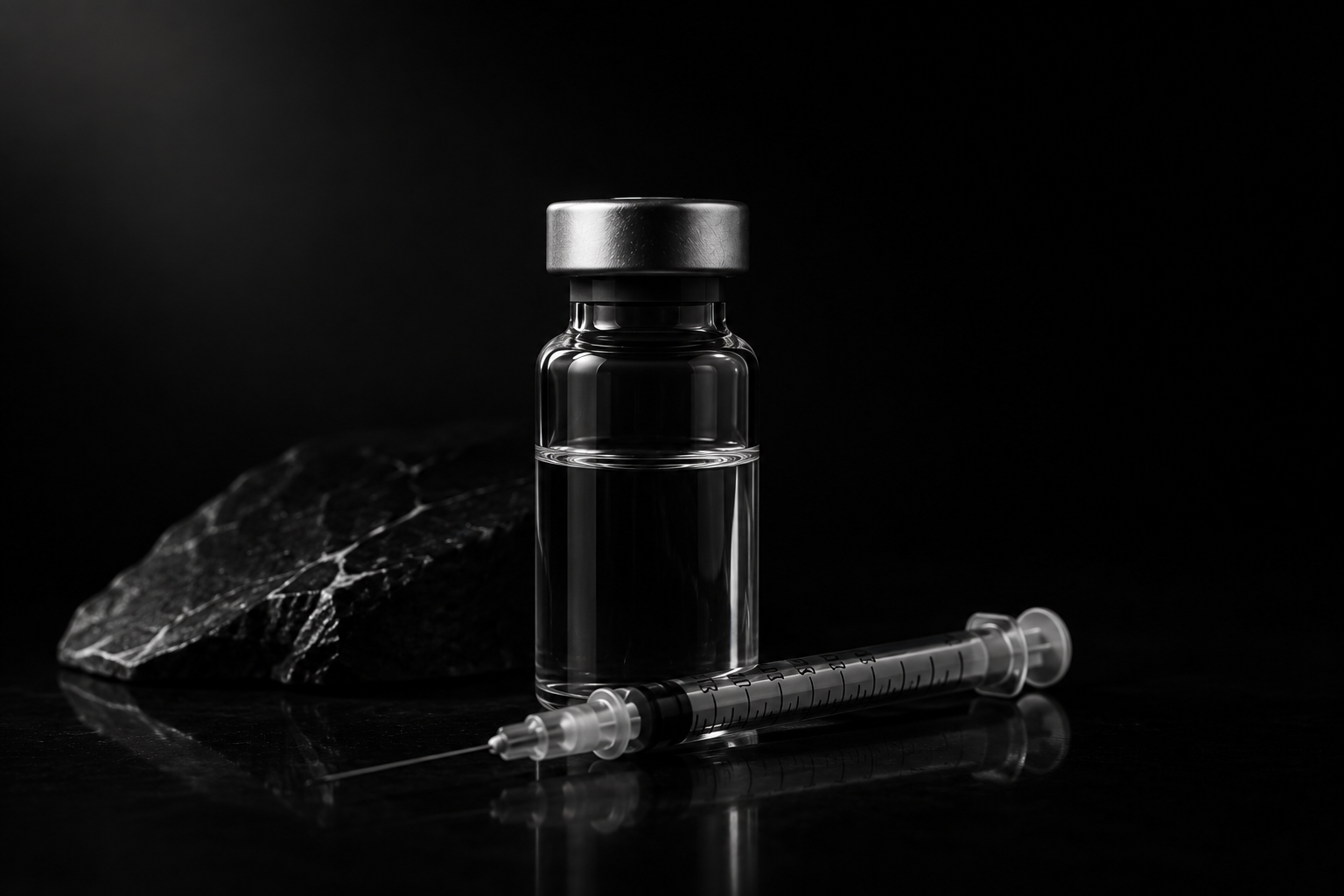 A glass vial and a syringe with a needle placed on a reflective surface, with a dark background and a piece of dark marble stone.