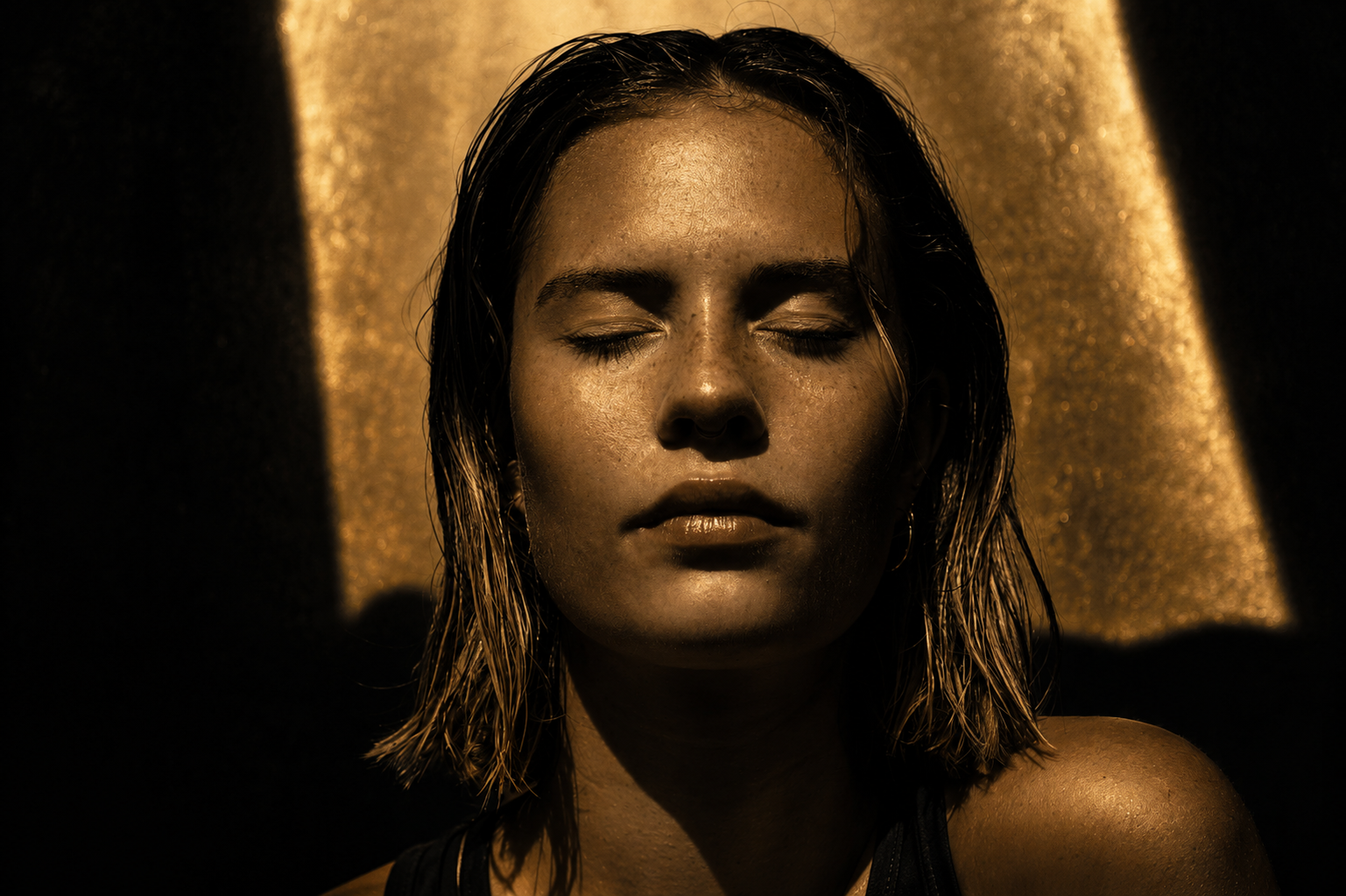 A woman with wet hair, closed eyes, and a neutral expression, positioned in front of a soft golden background with shadows on either side.