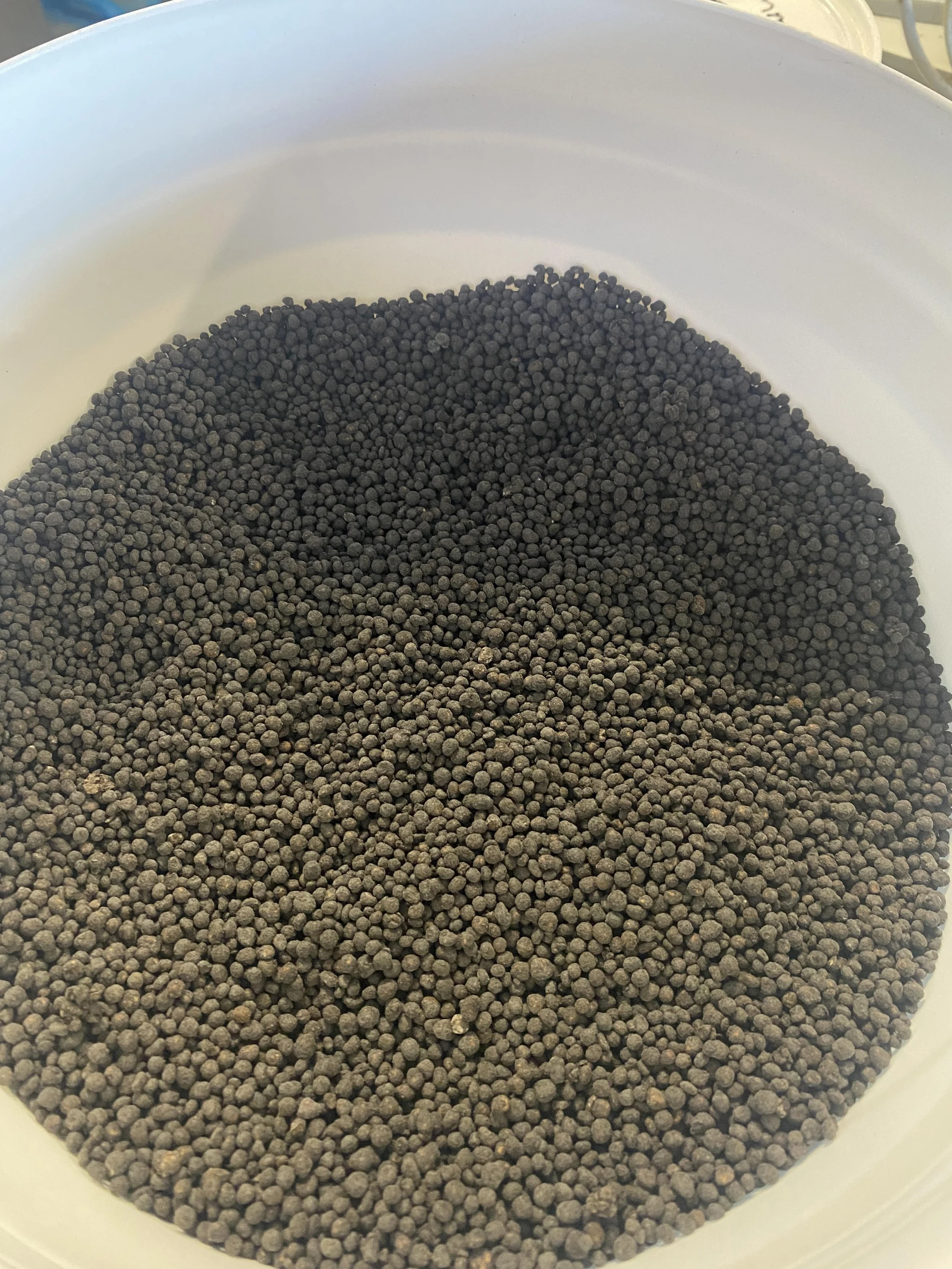 Close-up of a white container filled with small, round, dark brown pellets.