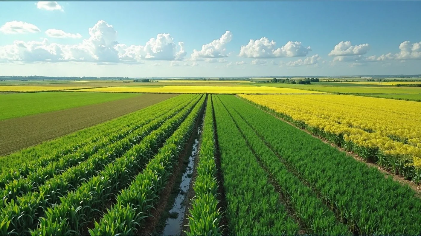 A colorful agricultural field with rows of green plants, yellow flowering crops, and a bright blue sky with fluffy clouds.