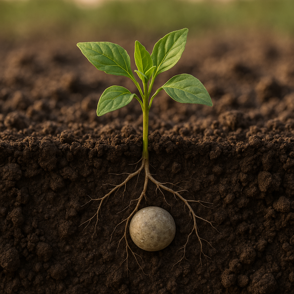 Close-up of a young green plant sprouting from dark soil with visible roots and a round seed beneath the soil surface.
