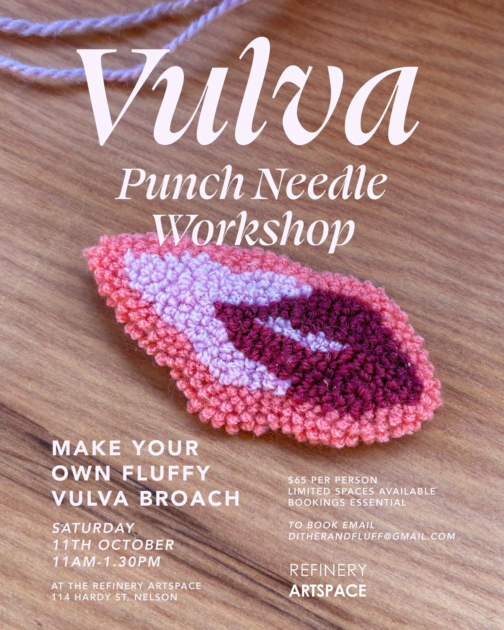 Make your own fluffy vulva broach in this one-off workshop next Saturday 11th October with Jessica Hazel!

Take inspiration from Jessica's latest exhibition, Vulva, at Refinery ArtSpace and learn how to Punch Needle. There are limited spaces, so book
