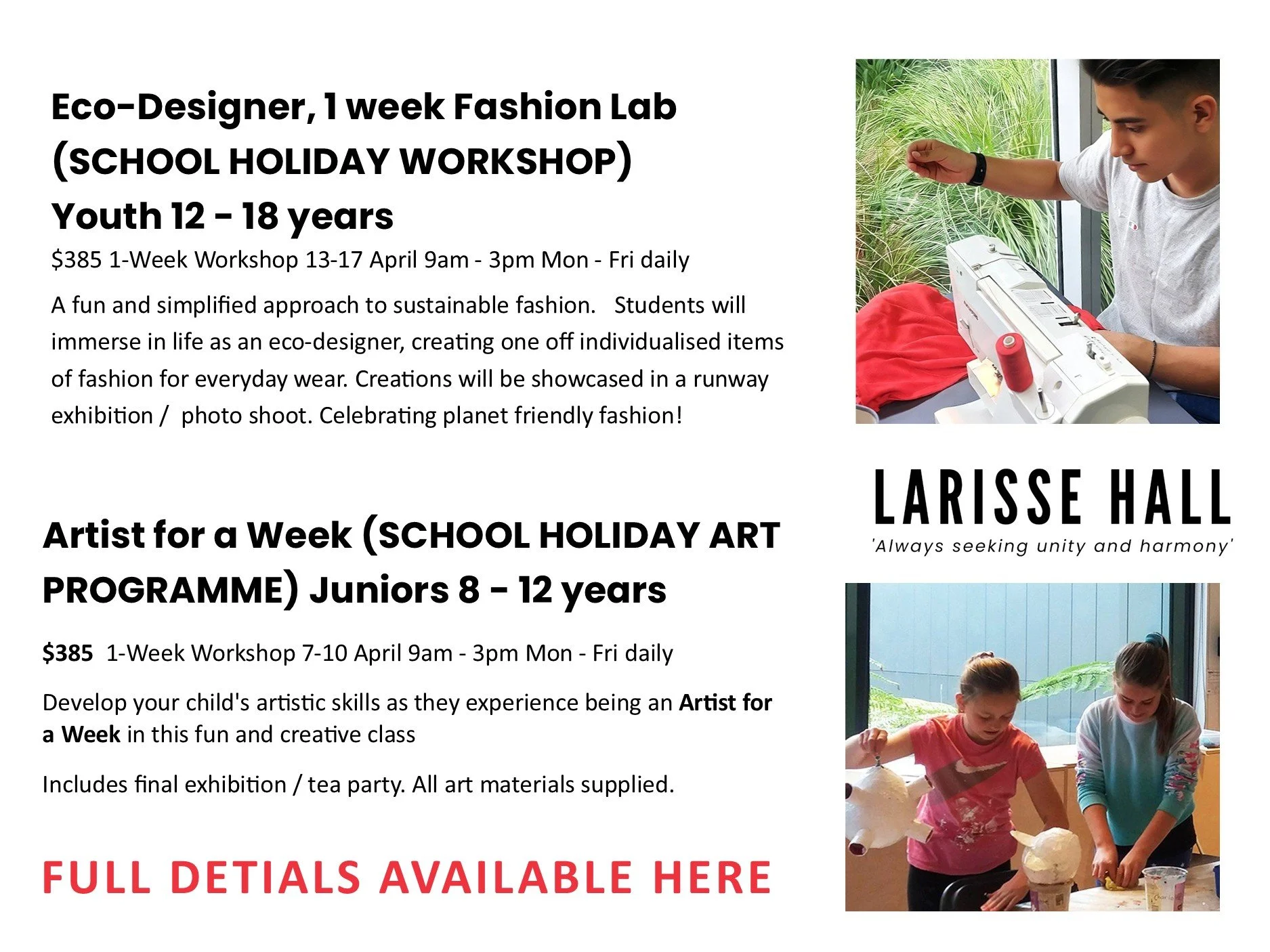 School Holiday Workshops with Larisse Hall