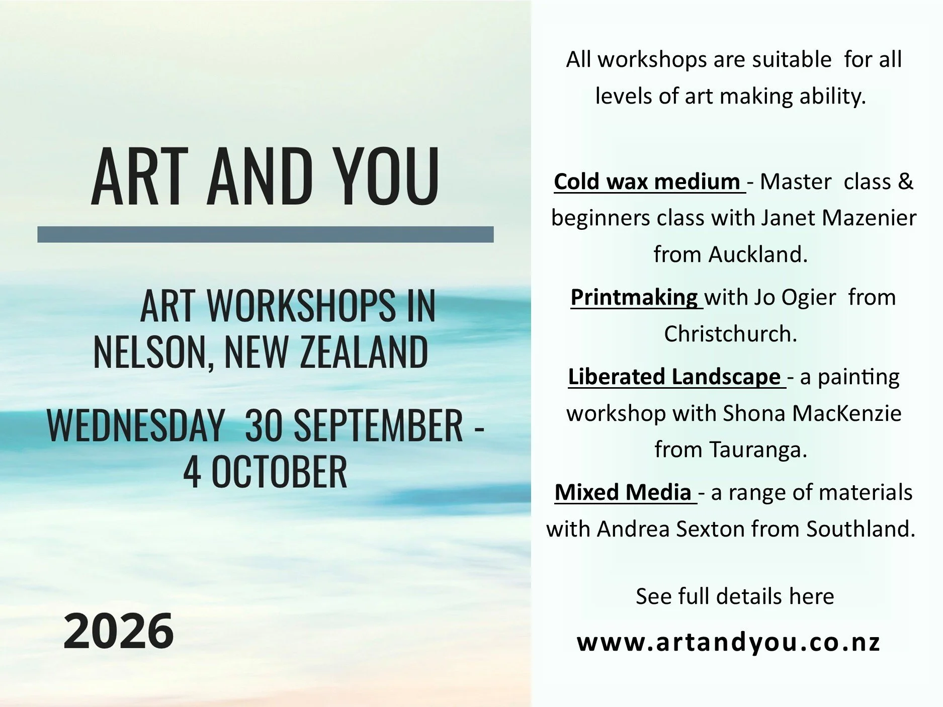 ART AND YOU Workshops coming up