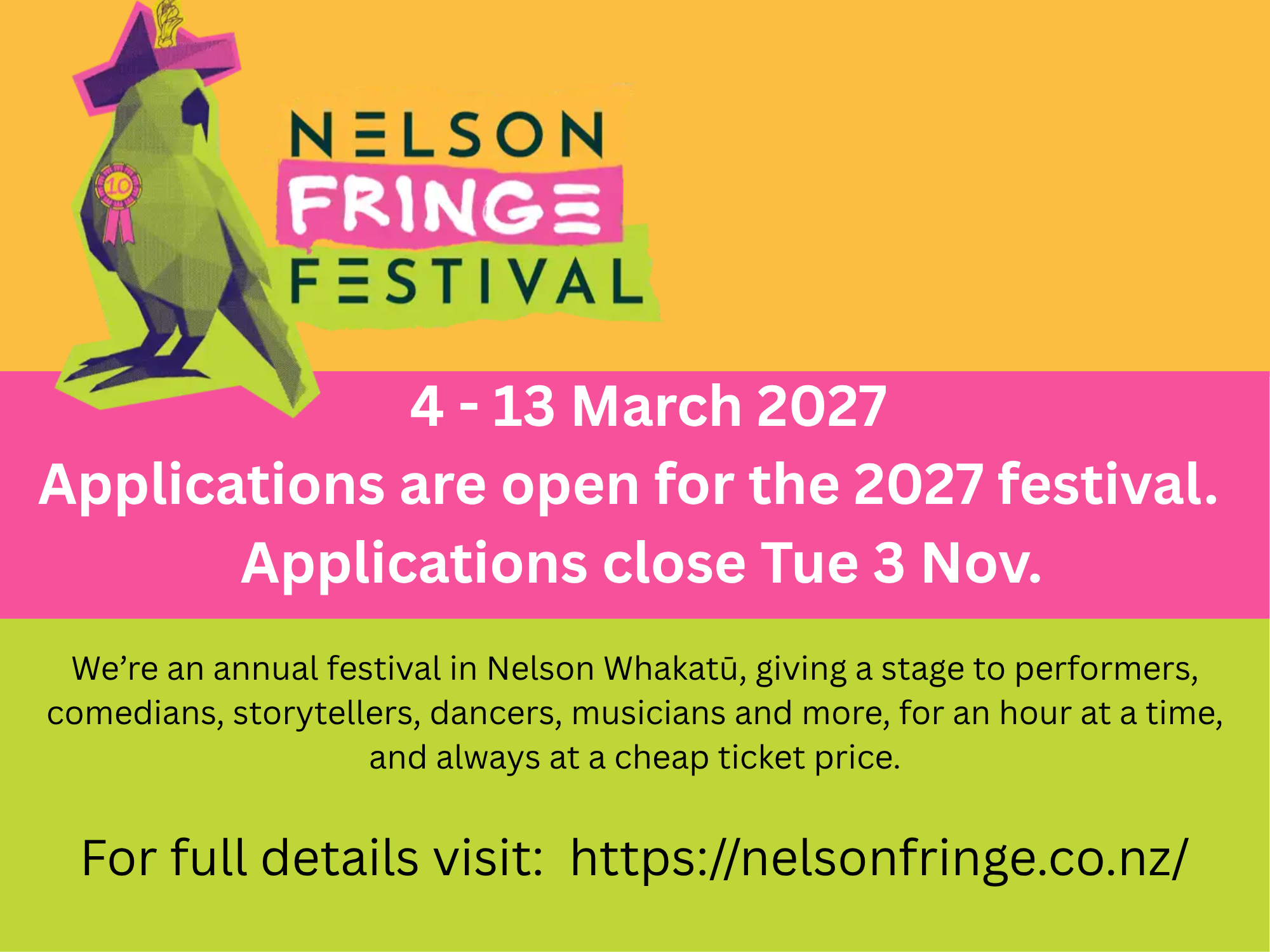 Call For Applications to Nelson Fringe 2027