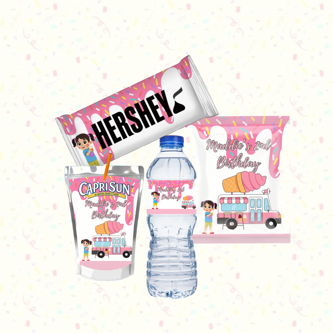 Party favor set including a Hershey's chocolate bar, a Capri Sun juice pouch, a water bottle, and a birthday banner featuring a girl, ice cream truck, and colorful sprinkles, with the text "Maddie's 7th Birthday".