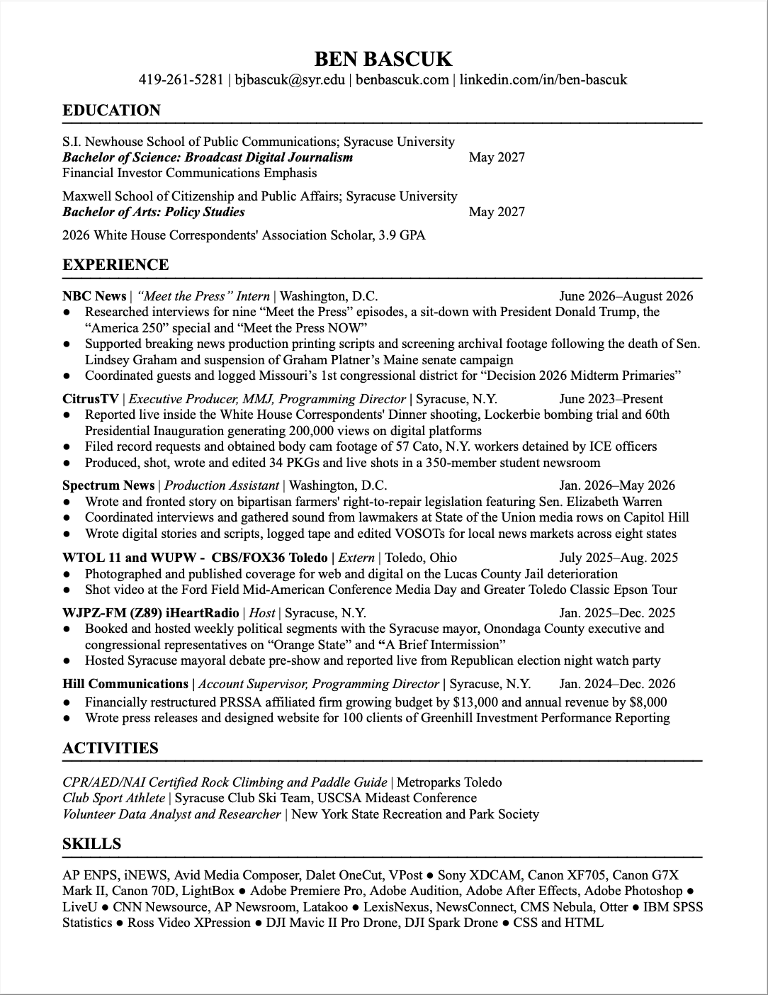 Resume for Ben Bascuk listing education, experience, activities, and skills.