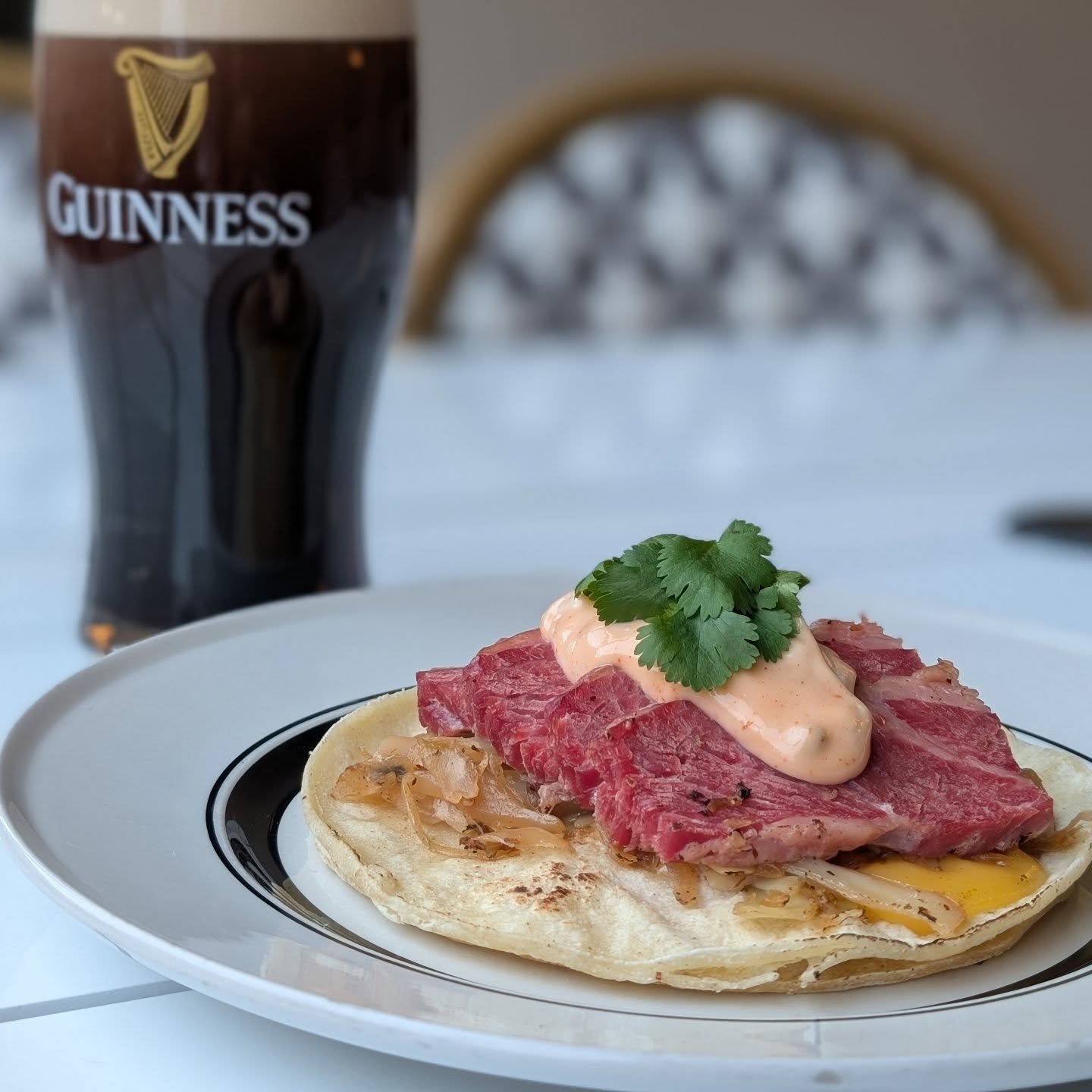 Celebratory Offerings for the upcoming holiday ☘️!

Reuben Tacos 🌮 
+
Guinness in the new 20oz glass 🍺

Starting Friday through St. Patrick's Day which just so happens to fall on Taco Tuesday 🐍💚

👨&zwj;🍳@getoutifyoucan
👨&zwj;🍳@malachai.0