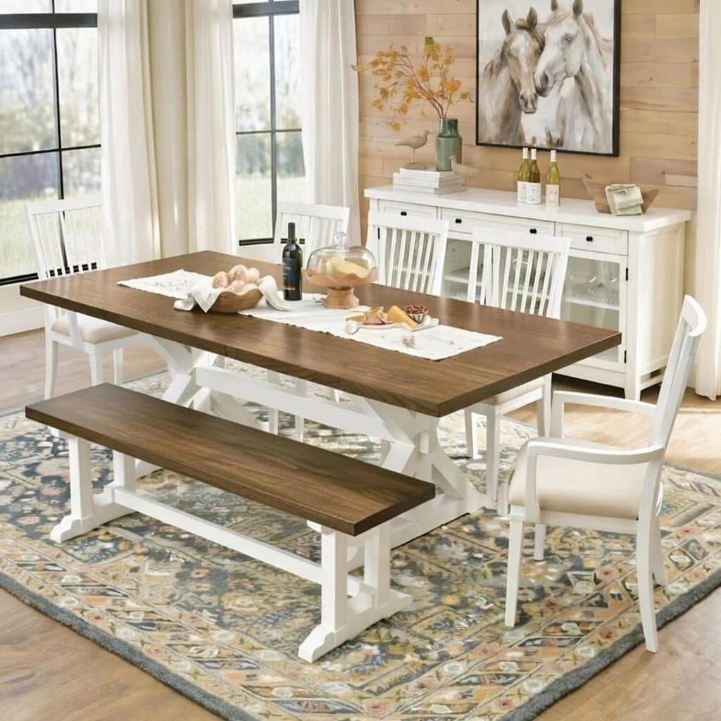 Country Farmhouse Dining Table w/ Bench