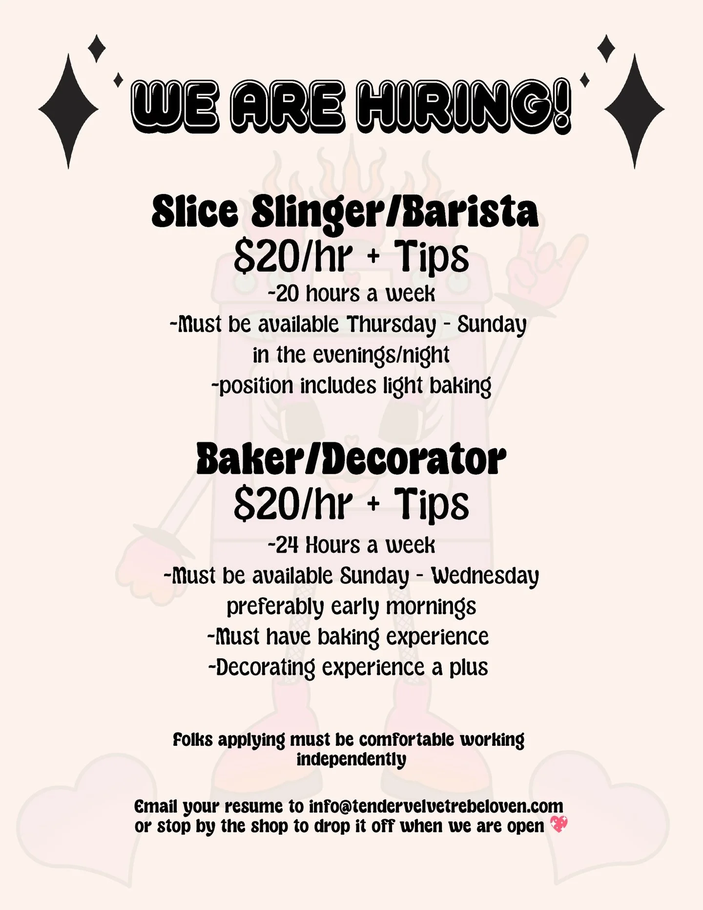 We are hiring! Estamos contratando! 💖 A Baker/Decorator and Slice Slinger/Barista 🥳 

Interested in a position at our cute lil queer/latina owned cake shop? Email in your resume to info@tendervelvetrebeloven.com or swing by the shop when we reopen 