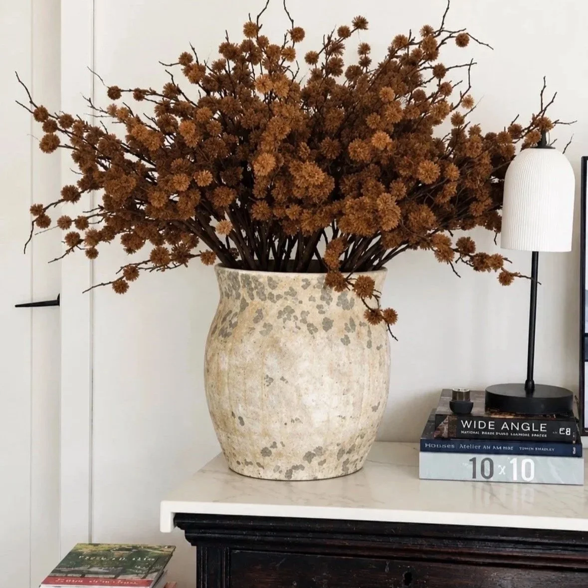 Large textured vase with massive dried branches with golden-brow see pods