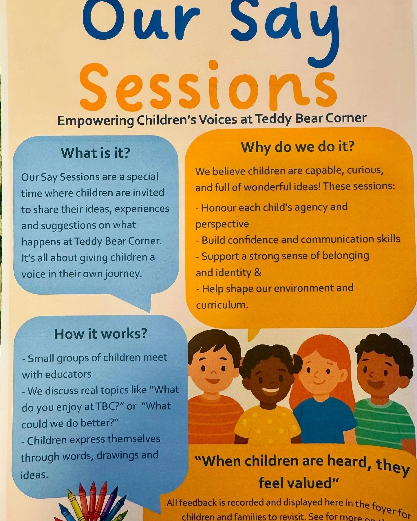 For our first Our Say Session at Teddy Bear Corner, children met to discuss our Centre Philosophy and what they enjoyed about TBC. This session gave the children a voice and agency, allowing them to express their thoughts and ideas in a meaningful wa